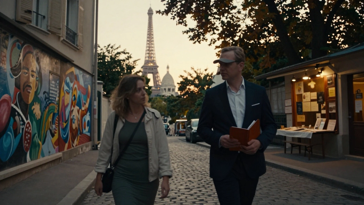 A client and escort stroll through Montmartre at dusk, surrounded by art-filled alleys and the distant Eiffel Tower.