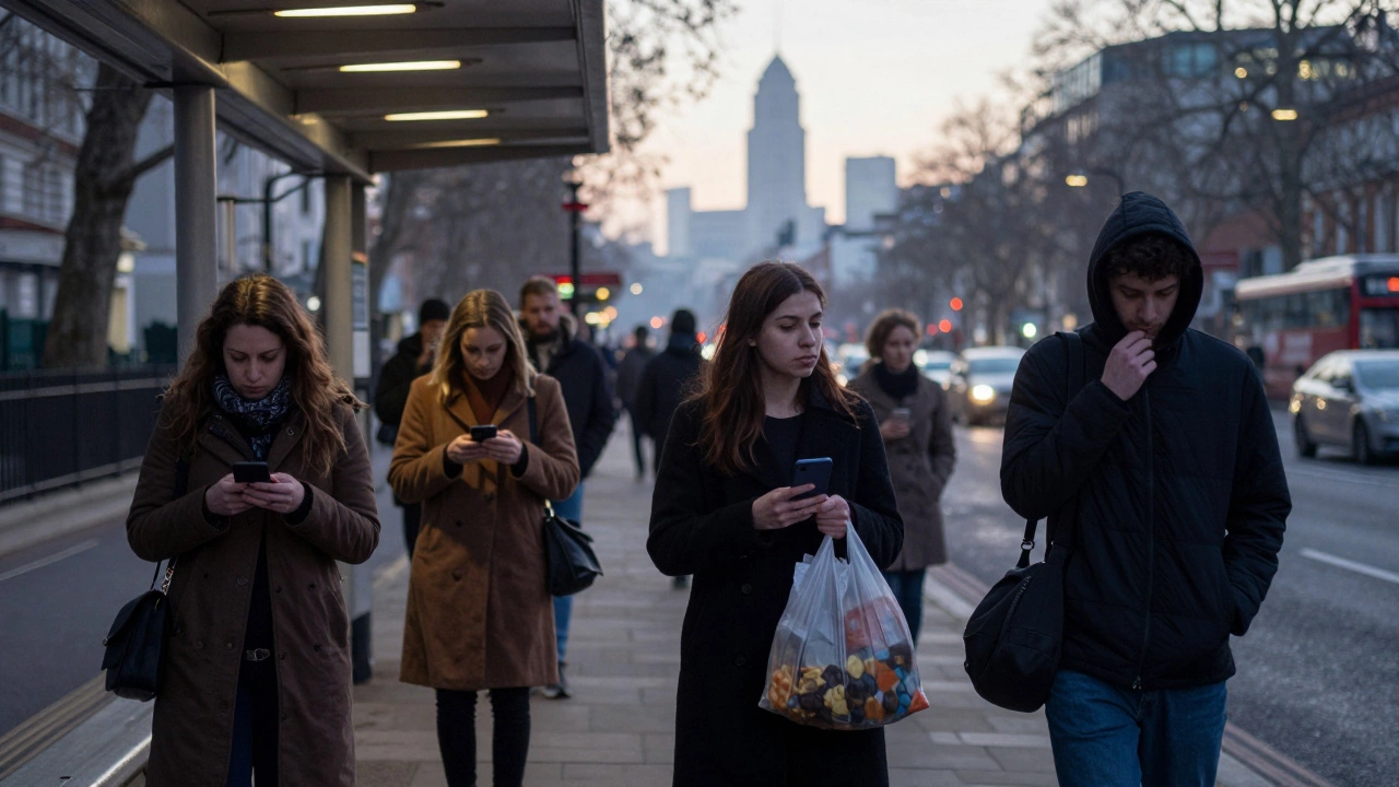Diverse people wait at a London bus stop at dawn, each lost in thought under cold streetlights.